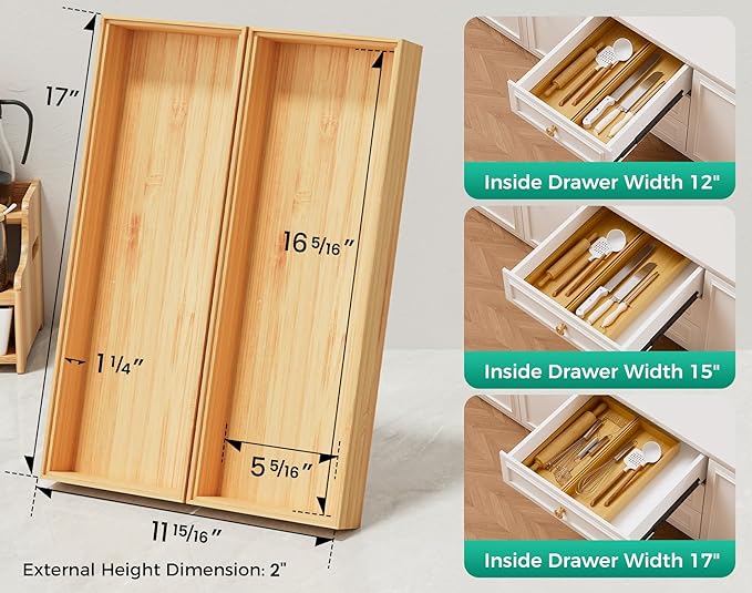 Long Bamboo Kitchen Drawer Organizer Boxes – 17" x 6" Stackable Wood Silverware Utensil Tray for Drawers Bins Cutlery & Flatware Storage – Wooden Pantry Organizers Set of 2 for Junk Drawer Bathroom Rv