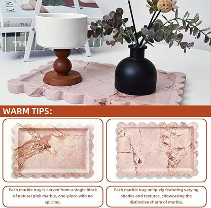 Yew & Tulip Natural Marble Vanity Tray with Scalloped Rim, Nature Rose Pink Luxury Stone Serving Tray for Bathroom, Kitchen, Vanity, Home Decor, Wedding etc. (12"x 8" x 0.6")