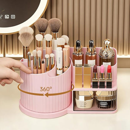 Anyoifax 360 Rotating Makeup Brush Holder Organizer with Drawer 5 Slots Make Up Brushes Cup Flower-Shaped Spinning Pen Holder for Vanity, Cosmetics, Lipsticks, Pink
