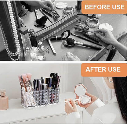 KNC 3 Compartment Acrylic Cosmetic Brushes Storage,Makeup Brush Holder Organizer,Perfect Bathroom Vanity Storage Solution for Makeup Brushes,Eyebrow Pencils,Lipsticks,Nail Polishes, and More