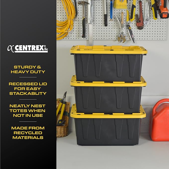 BLACK & YELLOW 17-Gallon Heavy Duty Storage Bins with Lids, Stackable Plastic Storage Bins with Weather-Resistant Design, Home Organization, 4 Pack (12.5H x 18W x 26.9D)