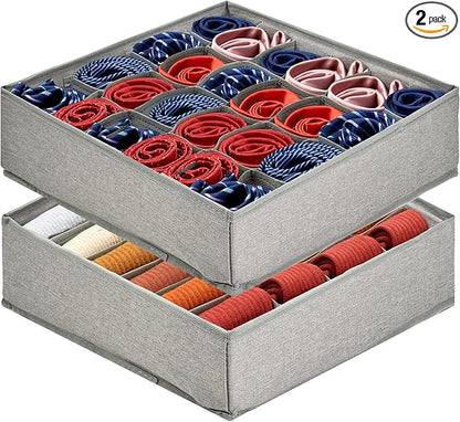 PINGMIC Gray Sock Organizer Divider 2 Pack - 24 Cell Foldable Closet Storage, Tie Organizer For Men Boxes for Socks, Ties, Belts