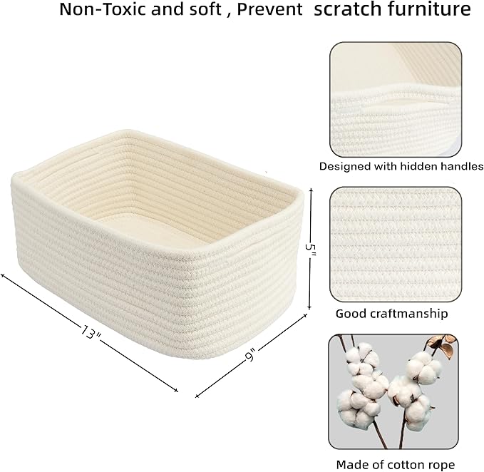 XUANGUO Small Woven Storage Baskets 13“X9”X5“ Decorative Rope Bins for Organizing Shelves, Closets, and Toys, Empty Gift Baskets, Cute Organizer Basket for Home and Office White Large