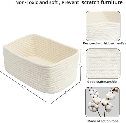 XUANGUO Small Woven Storage Baskets 13“X9”X5“ Decorative Rope Bins for Organizing Shelves, Closets, and Toys, Empty Gift Baskets, Cute Organizer Basket for Home and Office White Large
