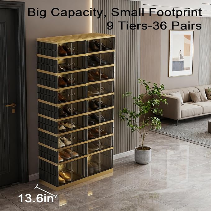 SYNCVIBE Shoe Rack Organizer for Closet Entryway Foldable Sneaker Storage Shoe, Collapsible Shoe Cabinet, Stackable Shoe Storage Cabinet with Lids for Living Room (9 Tiers -36 Pairs Black Gold)