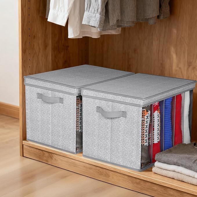 Zilink Upgraded Sweater Storage for Closet Shelf with Lids and Support Boards Clothes Organizer for Closet with 5 Grids Divider Sweater Organizers for Sweaters, Jeans, Pants, Grey Pattern, 3 Pack
