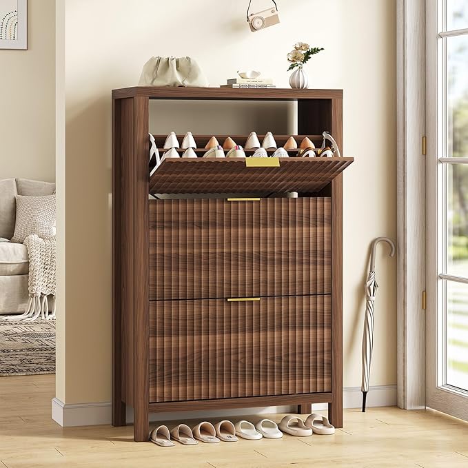 YOMILUVE Shoe Cabinet Storage for Entryway, Fluted Shoe Cabinet with 3 Flip Drawers, Hidden Shoe Rack Tall Freestanding Shoe Organizer with Legs for Hallway, Walnut
