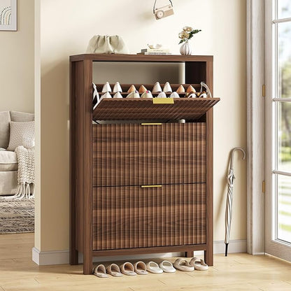 YOMILUVE Shoe Cabinet Storage for Entryway, Fluted Shoe Cabinet with 3 Flip Drawers, Hidden Shoe Rack Tall Freestanding Shoe Organizer with Legs for Hallway, Walnut