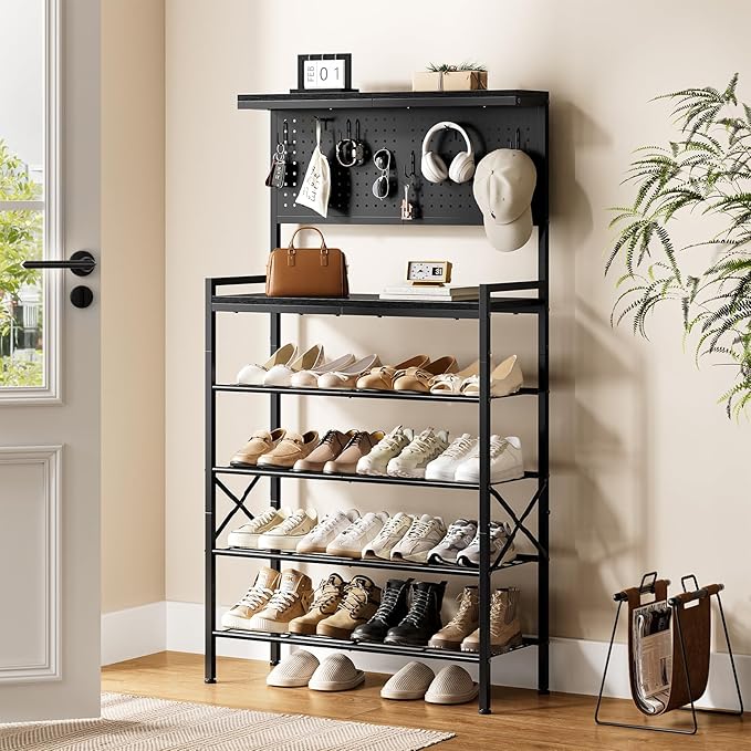 Tall Shoe Rack, 6-Tier Wooden Shoe Storage with Hole Panel, 7 Hooks, for 16-20 Pairs, Wooden Top Shelf, Sturdy, Industrial, Entryway Organizer, Closet Hallway Bedroom Dorm, Black