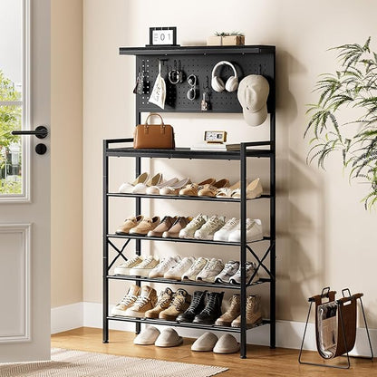 Tall Shoe Rack, 6-Tier Wooden Shoe Storage with Hole Panel, 7 Hooks, for 16-20 Pairs, Wooden Top Shelf, Sturdy, Industrial, Entryway Organizer, Closet Hallway Bedroom Dorm, Black