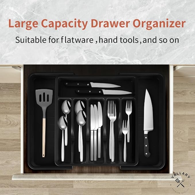 Vallary Expandable Silverware Drawer Organizer – Large BPA-Free Utensil Tray for Kitchen | Adjustable Cutlery Holder for Spoons, Forks, Knives | Plastic Flatware Storage, Black