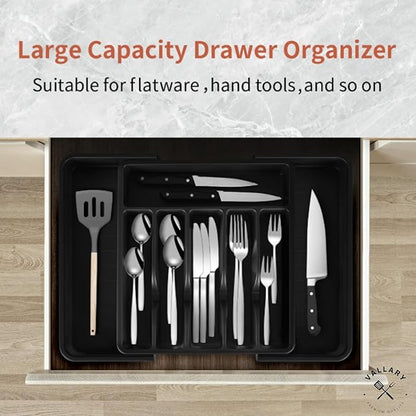 Vallary Expandable Silverware Drawer Organizer – Large BPA-Free Utensil Tray for Kitchen | Adjustable Cutlery Holder for Spoons, Forks, Knives | Plastic Flatware Storage, Black