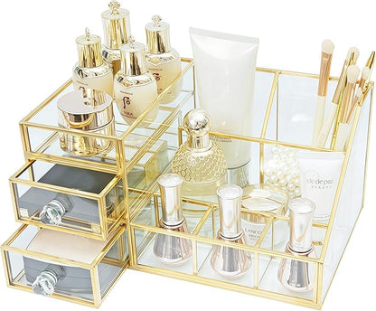 JIARI Glass Makeup Organizer with Drawer, Gold Brass Frame Jewelry Display Box, Nordic Style Cosmetic Storage for Vanity Bathroom Bedroom Office, 10.23x6.29x5.11 Inches (Storage Box-A32)