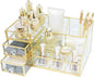 JIARI Glass Makeup Organizer with Drawer, Gold Brass Frame Jewelry Display Box, Nordic Style Cosmetic Storage for Vanity Bathroom Bedroom Office, 10.23x6.29x5.11 Inches (Storage Box-A32)