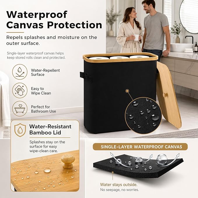 Premium Waterproof Toilet Paper Storage Box with Bamboo Lid - Fits 9 Mega Rolls, 900D Heavy-Duty Fabric Bathroom Organizer Bin with Elevated Base & Handles for Narrow Spaces (17.3"x 6.9"x 15.5")