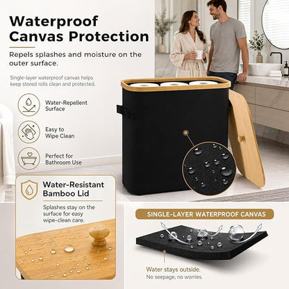 Premium Waterproof Toilet Paper Storage Box with Bamboo Lid - Fits 9 Mega Rolls, 900D Heavy-Duty Fabric Bathroom Organizer Bin with Elevated Base & Handles for Narrow Spaces (17.3"x 6.9"x 15.5")