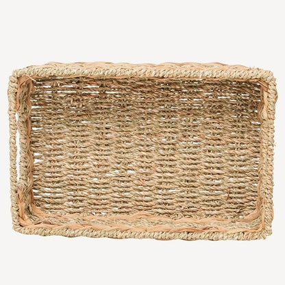 Water Hyacinth Storage Basket - Small Rustic Rectangle Woven basket Organizer with Handle for Home & Office Decor (Hyacinth&Seagrass)