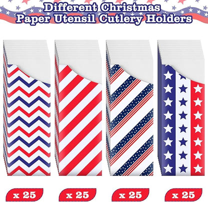 Roowest 100 Pcs 4th of July Silverware Bags Bulk Independence Day Party Supplies Disposable American Flag Paper Utensil Bags for Patriotic Party Home Wedding Party Table Decorations
