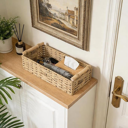 Bathroom Basket for Toilet Tank Top - Beige Toilet Paper Basket with Handles, Paper Rope Back of Toilet Tank Baskets for Counter, Shelves, Countertop, Boho Bathroom Decor 2 PCS