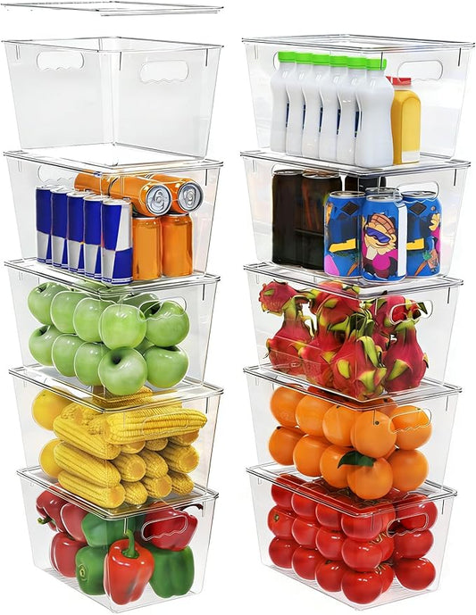 YAN & HIN 10 Pack Clear Storage Bins with Lids, Stackable Plastic Organizer Bins with Handles, Pantry Organizers and Storage for Kitchen Cabinet, Fridge, Bathroom, Closet and Shelf Organization