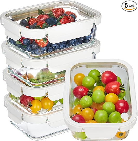 Vtopmart 5 Pack 35oz Glass Food Containers with Glass-Lids & Air Vent, Meal Prep Food Container Sets, Reusable Lunch box for leftovers, Save for Microwave, Oven, Freezer, and Dishwasher, BPA Free