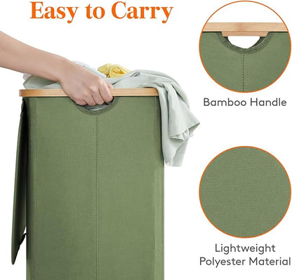 Lifewit 100L Laundry Basket with Lid, Clothes Hampers for Laundry with Bamboo Handles and 1 Removable Bag, Large Foldable Laundry Hamper for Bedroom, Bathroom, Dorm, Laundry Room, Green