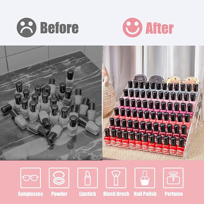 7-Tier Nail Polish & Sunglasses Organizer | Screwless Cosmetic Display Shelf for Makeup, Jewelry, Eyeglasses Storage | Non-Slip Bathroom Vanity Shelf for Essential Oils