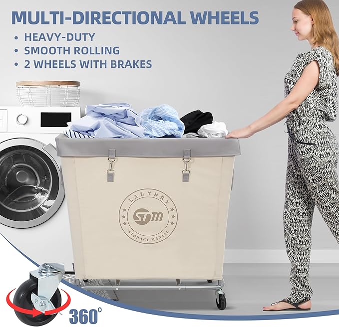 STORAGE MANIAC Commercial Laundry Hamper with Heavy Duty Steel Frame, 320 L Industrial Laundry Basket Cart with Wheels for Hotel, Home, Laundry Room, 31.7''L x 19.3''W x 30.91''H, Large Beige