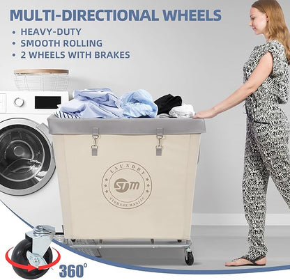 STORAGE MANIAC Commercial Laundry Hamper with Heavy Duty Steel Frame, 320 L Industrial Laundry Basket Cart with Wheels for Hotel, Home, Laundry Room, 31.7''L x 19.3''W x 30.91''H, Large Beige