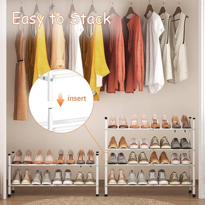 TZAMLI 2-Tier Shoe Rack for Closet, Expandable and Stackable Shoe Organizer Adjustable Metal Shoe Storage Small Shoe Shelf for Entryway Entrance, White