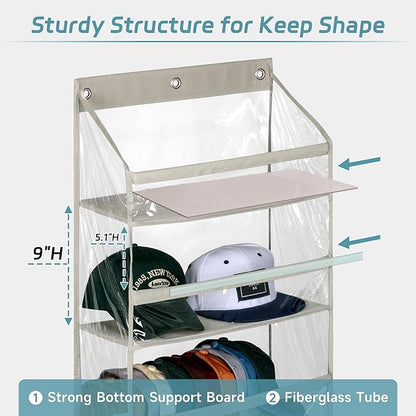 AOODA Clear Over the Door Hat Racks for Baseball Caps, Hold 48 Caps Hat Storage Organizer for Closet Wall, Deep Pockets Hanging Snapback Holder Shelves with 3 Hooks, Grey