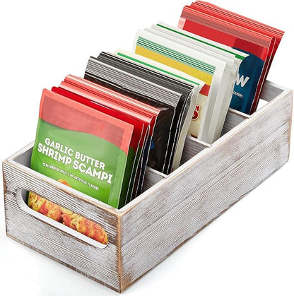 DRASTAR Pantry Organization and Storage Bins, Seasoning Packet Organizer with Removable Dividers,Wooden Storage Caddy for Kitchen, Pantry, Cabinet, Countertop， Whitewashed