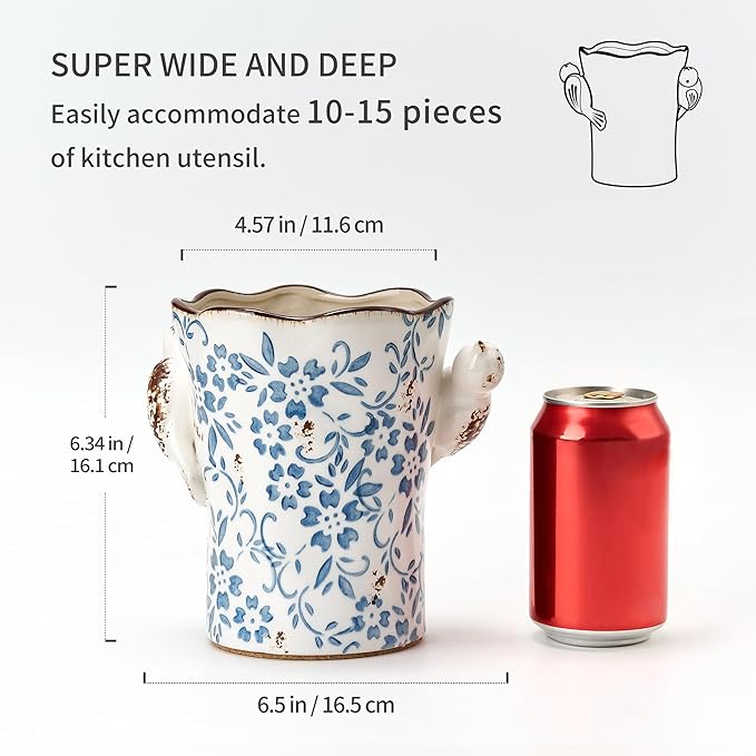 6.34"H Utensil Holder for Kitchen Counter, Modern Farmhouse Cooking Utensil Holder and Crock Home Kitchen Decor, Ceramic Utensil Organizer for Spatula, Ladle, Eggbeater, Rolling Pin- Blue and White