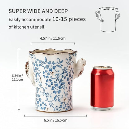6.34"H Utensil Holder for Kitchen Counter, Modern Farmhouse Cooking Utensil Holder and Crock Home Kitchen Decor, Ceramic Utensil Organizer for Spatula, Ladle, Eggbeater, Rolling Pin- Blue and White