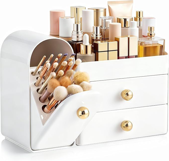 HBlife Makeup Organizer Countertop with Drawers, Vanity Organizers with Brush Holder, Bathroom Counter Organizer for Perfume, Nail Polishes, Lipsticks, Skincare and Eyeshadow Palettes, All White