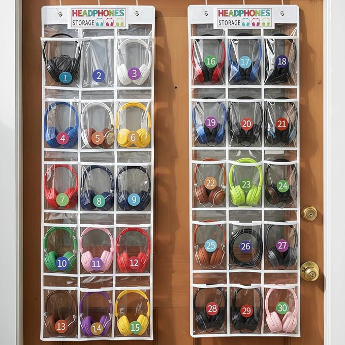 2 Pcs Over The Door Hanging Headphone Organizer, 30 Clear Pockets, 52 x 18.1 in PVC Pocket Chart with Stickers & Hooks, for Headphone Cell Phone Storage