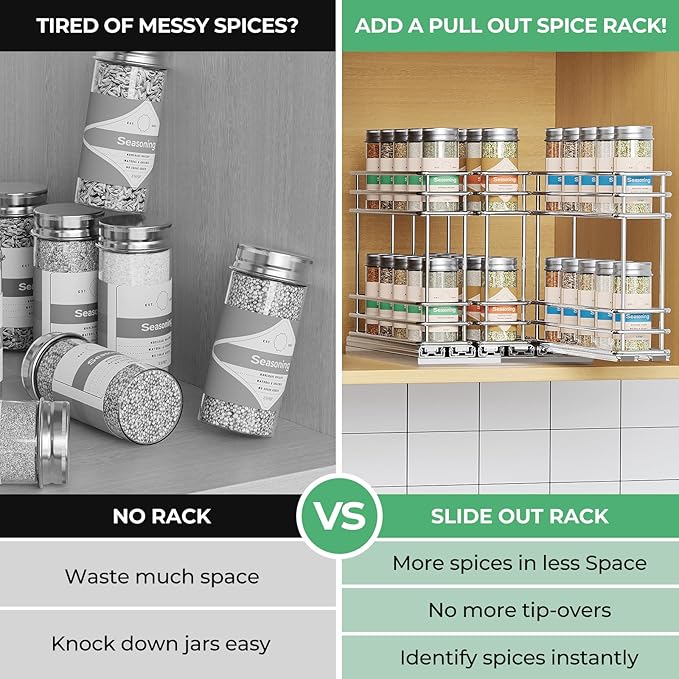 Mystozer Pull Out Spice Rack Organizer for Cabinet, Slide Out Spice Racks, Easy to Install Spice Cabinet Organizers, 7.4" Wx10.43 Dx8.26 H, 3 Drawers 2 Tiers(Silver)