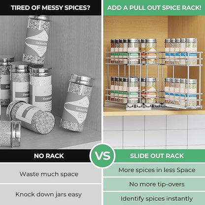 Mystozer Pull Out Spice Rack Organizer for Cabinet, Slide Out Spice Racks, Easy to Install Spice Cabinet Organizers, 7.4" Wx10.43 Dx8.26 H, 3 Drawers 2 Tiers(Silver)