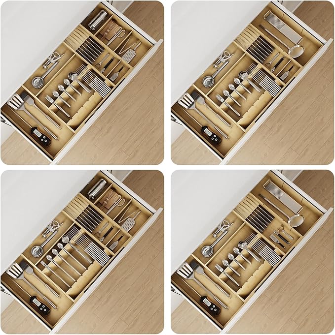 Bamboo Silverware Drawer Organizer, 17.72-29.53 Inch Expandable Large Kitchen Drawer Organizer, 5-8 Slot Flatware with Removable Card Slots & Knife Block for Spoon Butter Knive, Natural