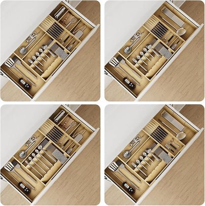 Bamboo Silverware Drawer Organizer, 17.72-29.53 Inch Expandable Large Kitchen Drawer Organizer, 5-8 Slot Flatware with Removable Card Slots & Knife Block for Spoon Butter Knive, Natural