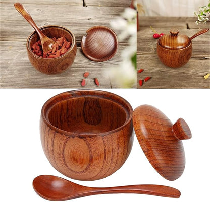 Wood Salt Cellar with Lid and Spoon, Wood Salt Container Box Small Spice Containers for Storing Seasonings, 3.5x2.4 Inches