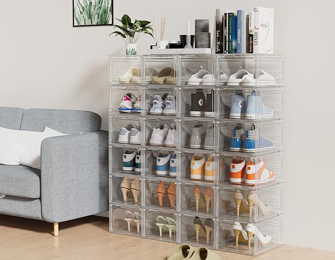 HOMIDEC Shoe Storage, 6 Pack Shoe Organizer Clear Hard Plastic Shoe Box, Shoe Boxes Clear Plastic Stackable, Shoe Boxes with Lids for Size 13, Transparent