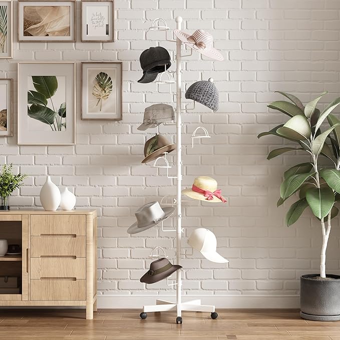 Hat Rack with 15 Circular Hooks Floor Hat Stand Freestanding Hats Rack Stand Adjustable Metal Hats Tree Organizer Rack Display Standing Suitable for Home Store Commercial, White