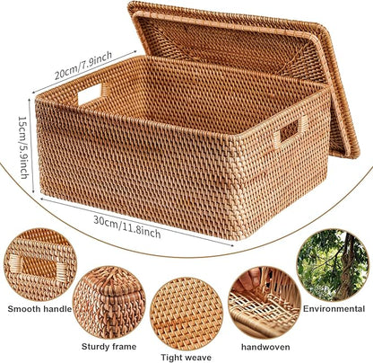 Rattan Basket With Lid, Large Lidded Basket For Storage(11.81" L×7.87"W×5.91"H)