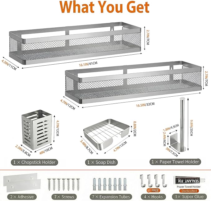 PUSDON 5-in-1 16.5" Extra Long Slim Wall Mount Wrapped Mesh Kitchen Organizer & Shower Caddy Kit, with Paper Towel Holder, Utensil Holder, Soap Dish, Holds 50LBS - Silver Gray, Netting