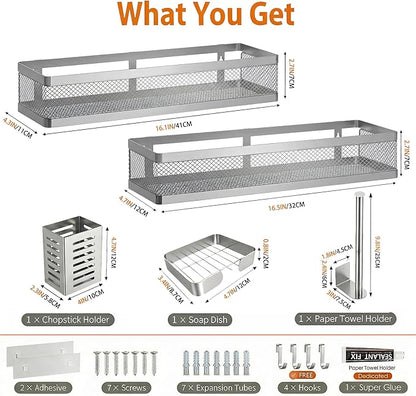 PUSDON 5-in-1 16.5" Extra Long Slim Wall Mount Wrapped Mesh Kitchen Organizer & Shower Caddy Kit, with Paper Towel Holder, Utensil Holder, Soap Dish, Holds 50LBS - Silver Gray, Netting