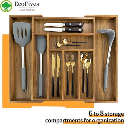 Luxury Acacia Kitchen Drawer Organizer - Silverware Organizer - Utensil Holder and Cutlery Tray with Grooved Drawer Dividers for Flatware and Kitchen Utensils (8 Slot), 17*12.4*2 inch