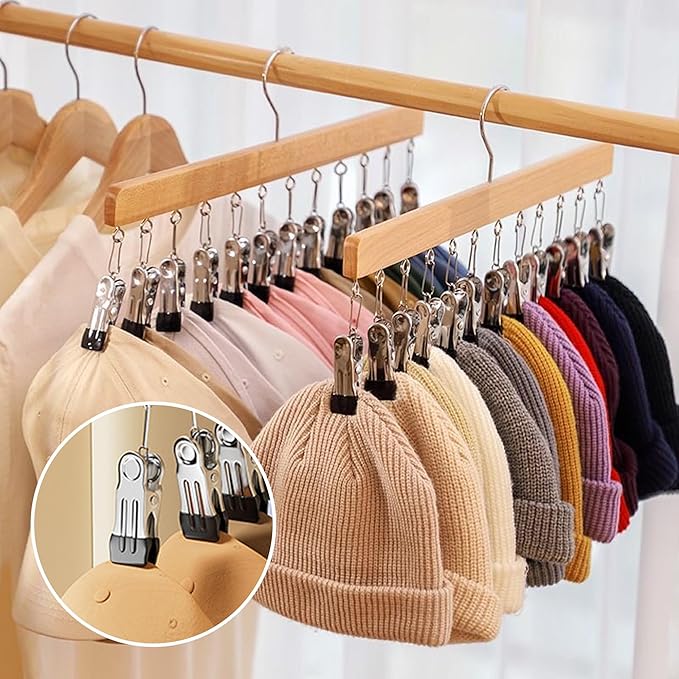 Closet Organizer with 12 Clips, 2026 New Space Saving Hanging Closet Organizer, Hat Scarf Clothespins for Legging Jeans Skirts Socks Pant Hangers (Wood-12 Clips, 1 Pcs)