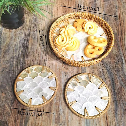 6" Mini Lazy Susan Turntable with 2 Rattan Coasters – Mother of Pearl Rotating Tray for Coffee Bar, Vanity, or Tabletop – Small Boho Decor for Condiments, Perfume & Jewelry Display