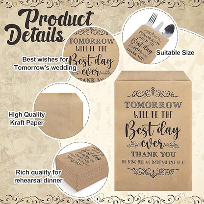 Whaline 100 Pcs Wedding Silverware Bags 5 x 7 Inch Rustic Wedding The Best Day Ever Kraft Wax Cutlery Bags Utensil Holders Reusable for Engagement Rehearsal Dinner Barbeque Banquet Supply